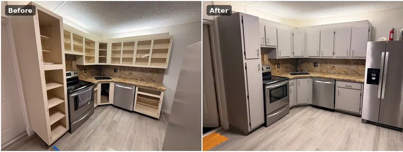 Before and after: kitchen cabinet makeover in gray with new hardware.