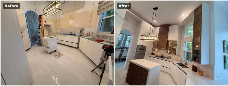 Before and after: modern kitchen from install to finished walnut hood.