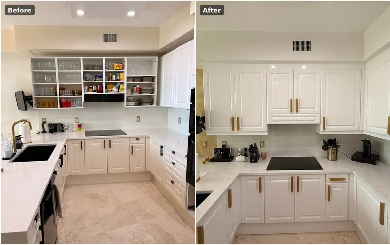 Before and after: white raised-panel kitchen finished with gold pulls.