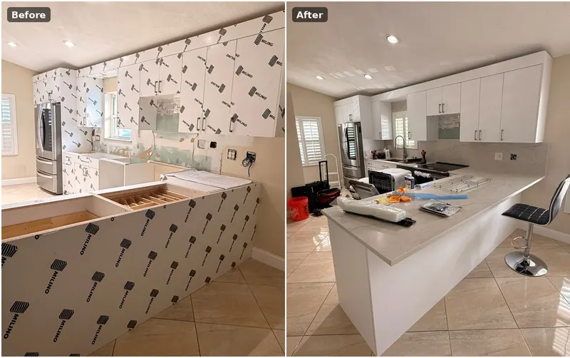 Before and after: white slab cabinets from protective film to installed.