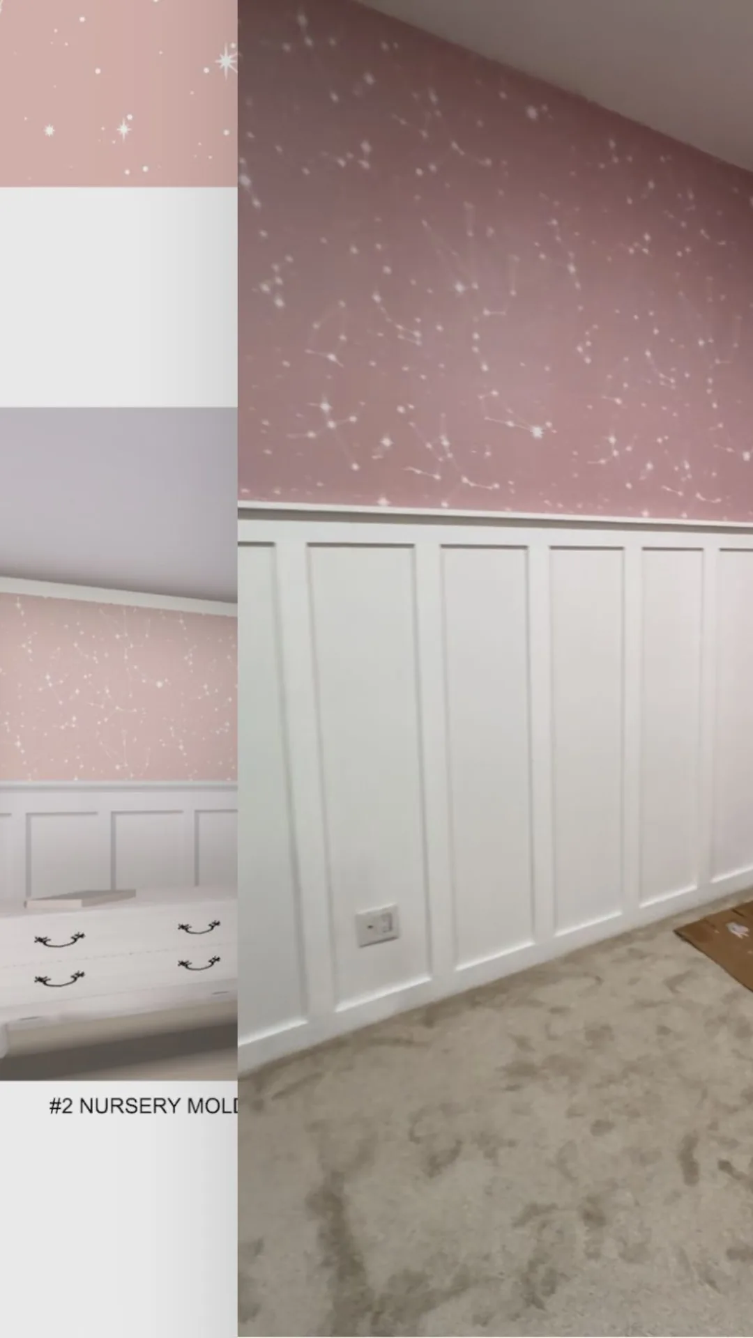 Nursery wall with white wainscoting panels