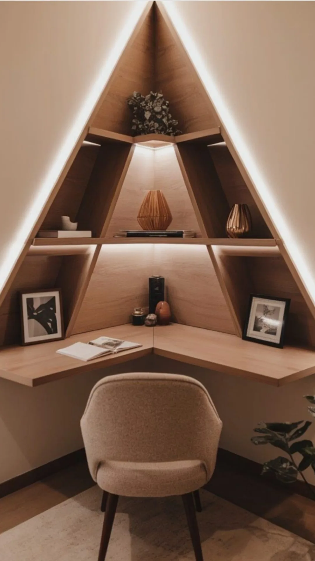 Triangular built-in shelving with LED lights over a desk