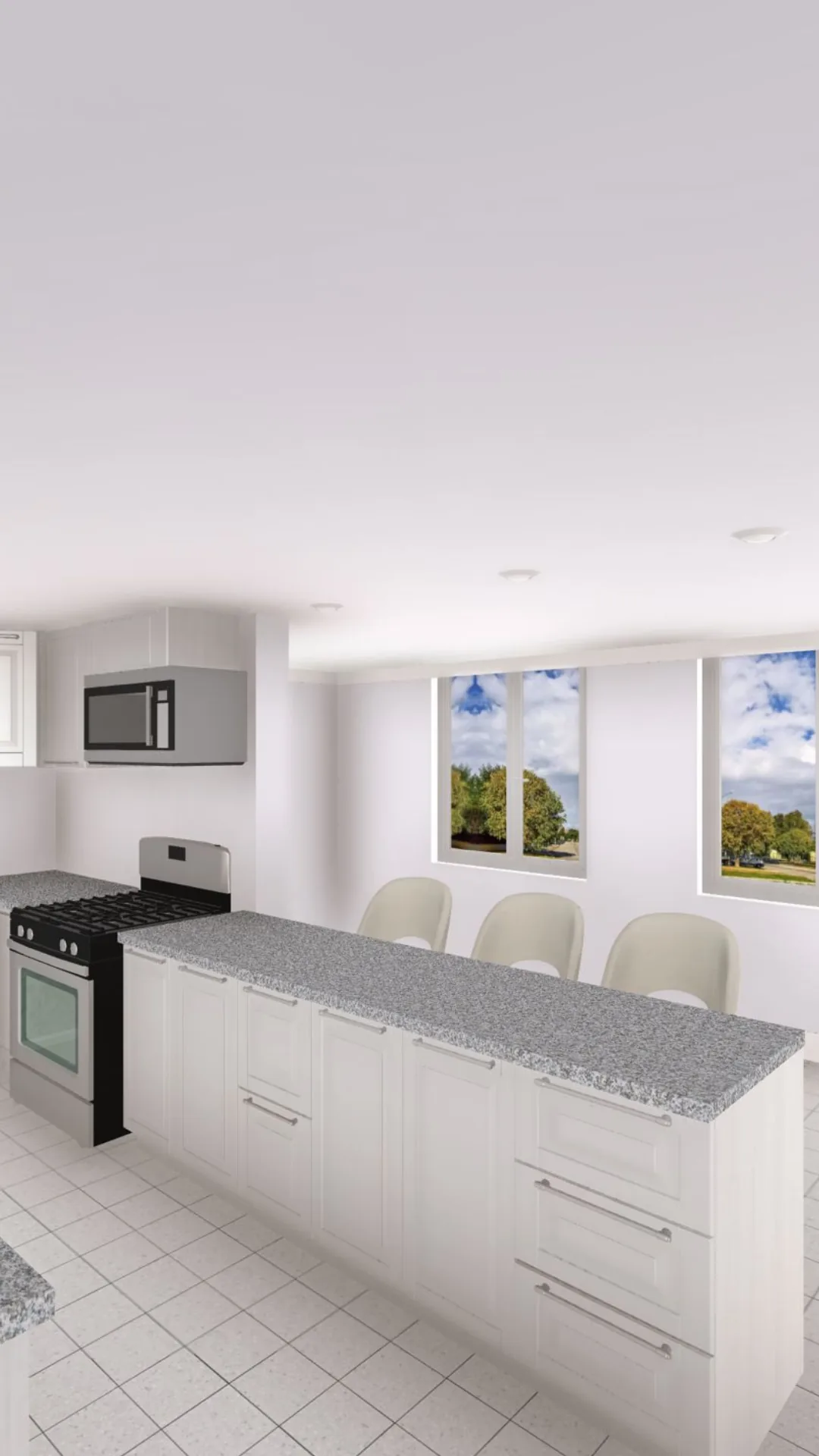 White kitchen design with gray countertops
