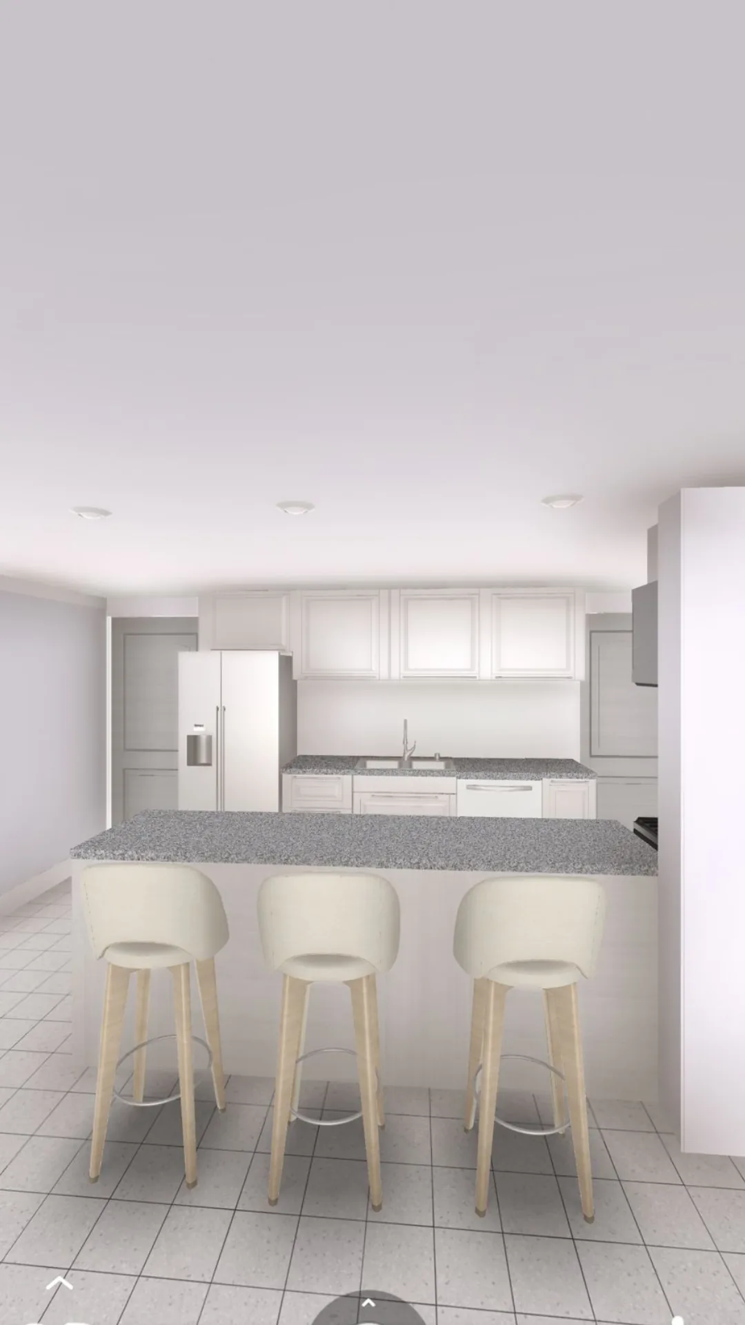 White kitchen design with island and bar stools