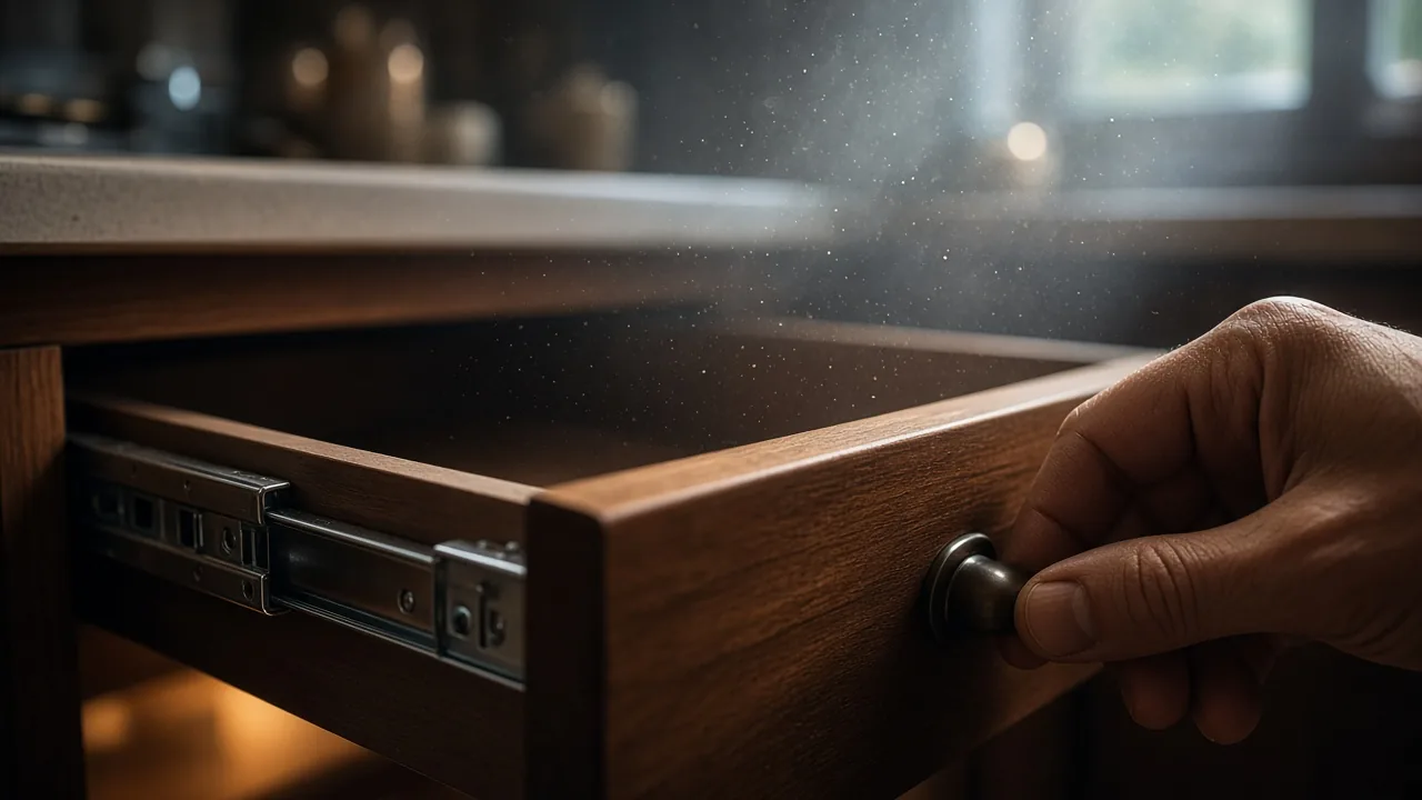 Hand opening a custom wood drawer with soft-close slides
